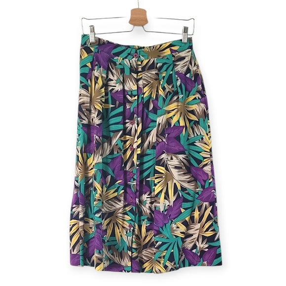 VINTAGE 1980s Navy Tropical Print Cotton Button-Up Midi Skirt - Picture 2 of 9